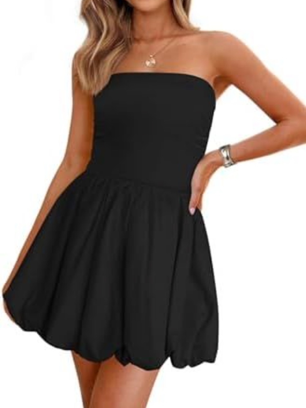 Strapless Black Bubble Hem Mini Dress